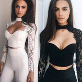 Amozae-Summer Fashion Women Sexy Cutout Long Sleeve Lace Shirt Tops Blouse  Crop Tops White Black