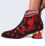 Amozae- Amozae 2025 New Ankle Boots Women's Shoes Leather Boots Embroidery Ethnic Bohemia Zipper Spring Autumn Ladies Botas Botas De Mujer