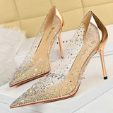 Amozae-2024 Summer Luxury Women 10cm Thin High Heels Pumps Pointed Toe Diamond Pumps Rose Gold Crystal Pumps Prom Large Size 43 Shoes