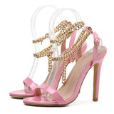 High Quality Pink Patent Leather Summer Women's Shoes Sandals Fashion Open Toe Metal Chain Ankle Strap Sexy Stiletto Heels Ladie