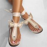 Amozae-2024 Women Summer Rivet Sandals Flats Shoes Woman Bohemia Beads Flowers Cross Lace Deco Sandalias Mujer Sapato Feminino D604