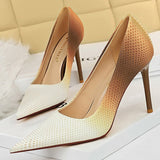 Amozae-2024 Women 9.5cm High Heels Silk Blue Weave Pumps Lady Gradient Color Satin Heels Girls Scarpins Fetish Bride Pink Fetish Shoes