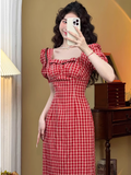 Amozae-dress to impress party dress nye outfits Retro Square Neck Puff Sleeve Dress YM1540