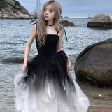 Amozae-dress to impress party dress nye outfits Retro Black Gradient Puffy Suspender Dress YM1499