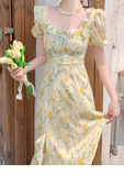 Amozae-dress to impress party dress nye outfits Beach vacation yellow floral puff sleeve dress for women summer  YM1132