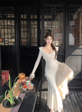 Amozae-dress to impress party dress nye outfits Off-white Round Neck Long-Sleeved Dress Lace Slim Mermaid Dress YM1815