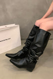 Amozae-Solid Color Pointed-toe Stacked Knee High Boots