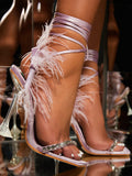 Amozae-Rhinestone Feather Lace-up Square Toe Sandals