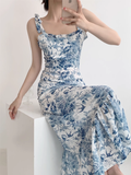 Amozae-dress to impress party dress nye outfits Blue and white porcelain floral square neck suspender dress YM466