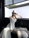 Amozae-dress to impress party dress nye outfits Off-white Round Neck Long-Sleeved Dress Lace Slim Mermaid Dress YM1815