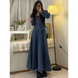 Amozae classy winter outfits 2024 Spring New High-Grade Square Collar Denim Coat Women's Retro Goddess Style Skirt Two-Piece Suit Women