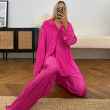 casual summer outfits Women's Retro Casual Fashion Suit Long-Sleeved Loose Pleated Wide-Leg Pants Two-Piece Set Spring and Summer