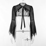 pretty halloween costumes Cf194 Dark Style Short See-through Top Women's Lace Stitching Lace-up Burnt-out Cuff Blouse