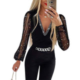 fall fashion 2024 Autumn New Women's Solid Color V-neck Long Sleeve Rhinestone High Waist Professional Casual Jumpsuit