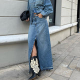 2024 fall fashion trends 2024 Summer Commuter High Waist Slimming Split Blue Denim Skirt Long Skirt Retro Distressed Sheath Skirt