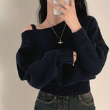 winter outfits men Chic Spring and Autumn Retro Elegant Oblique Collar off-the-Shoulder Design Loose Casual Long Sleeve Sweater Sweater for Women