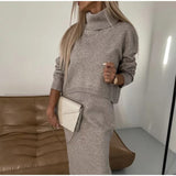 winter outfits men Solid Color Turtleneck Knitted Hip Skirt Suit Comfortable Casual Turtleneck Split Long Sleeve Dress Two-Piece Set