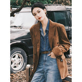 suit Retro Elegant Hong Kong Style Design Suit Collar Loose Corduroy Suit Jacket Women's Mid-Length 2024 Spring