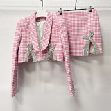 fall 2024 fashion trends High-Grade Suit Women's 2024 Light Luxury Beaded Rhinestone Bow Houndstooth Coat Skirt Two-Piece Set