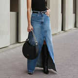 2024 fall fashion trends 2024 Summer Commuter High Waist Slimming Split Blue Denim Skirt Long Skirt Retro Distressed Sheath Skirt