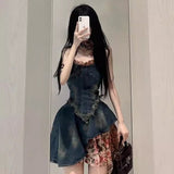 fall 2024 fashion trends 2024 Summer New Hot Girl Vintage Rose Floral Stitching Denim Dress Women's Frayed Waist Tube Top Skirt