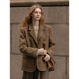 fall outfits women Maillard Retro Brown Plaid Long-Sleeved Suit for Women 2024 Autumn and Winter New Loose Thick Coat