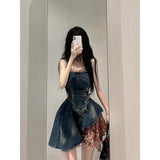 fall 2024 fashion trends 2024 Summer New Hot Girl Vintage Rose Floral Stitching Denim Dress Women's Frayed Waist Tube Top Skirt