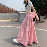 church outfit 2024 Summer New Pink Plaid Casual Umbrella Skirt Women's Niche Design Lace-up High Waist All-Match Fluffy Dress