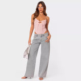 90s streetwear Spring 2024 Women's Bow Ballet Style Embroidered Wide-Leg Pants Washed Denim Trousers