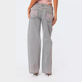 90s streetwear Spring 2024 Women's Bow Ballet Style Embroidered Wide-Leg Pants Washed Denim Trousers