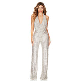 Amozae   Backless Gold Sequin Bosycon Jumpsuit Women Long Sleeve Evening Party Night Club Bodysuit One Piece Rompers Overall Pant