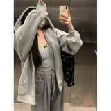 tomboy outfit American Casual Gray Hooded Zipper Cardigan Sweater for Women 2024 Autumn New Loose Lazy Style Coat