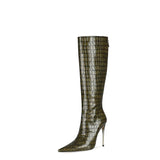 Pointed Toe Iron Heel Knee-High Boots Stone Pattern 4647 plus Size Stiletto Heel Metal Heel Fashion Boots