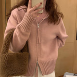 Amozae backpack inspo Women's Knitted Cardigan Spring and Autumn New Design Temperament Slimming Hooded Zipper Short Solid Color Sweater Coat