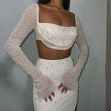 birthday outfit  Knitted Beaded Square Collar Long-Sleeved Top Skirt Suit Spring Women's Sexy Navel Skirt for Women