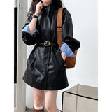 birkenstock clogs outfit fall 2024 Autumn Minimalist French Neutral Cool Black Profile Stand Collar Mid-Length PU Leather Coat 