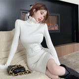 business casual outfits Fashion Collar Knitted Dress Women's Spring-Level Slim-Fit Sweater Bottoming Hip Skirt