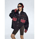 90s streetwear American Plaid Pocket Stitching Denim Coat Women's Spring and Autumn Tangram Contrast Color Couple Lapel Jacket Fashion