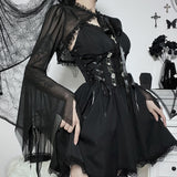 pretty halloween costumes Cf194 Dark Style Short See-through Top Women's Lace Stitching Lace-up Burnt-out Cuff Blouse