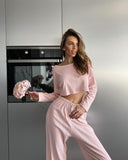 casual summer outfits Summer Knitted Stretch Cropped Long-Sleeved Trousers Two-Piece Women's Home Wear Breathable Simple Comfortable