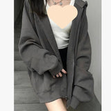 tomboy outfit American Casual Gray Hooded Zipper Cardigan Sweater for Women 2024 Autumn New Loose Lazy Style Coat