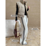 1980s fashion trends American Style Street Style Fashionable Side Striped Drawstring Elastic High Waist Fleece-lined Wide Leg Sports Pants 