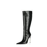 Pointed Toe Iron Heel Knee-High Boots Stone Pattern 4647 plus Size Stiletto Heel Metal Heel Fashion Boots