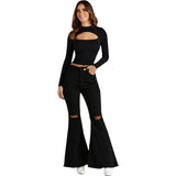 Amozae business casual outfits Fashion Wide Leg Knee Ripped Denim Flared Pants