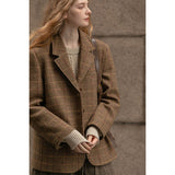 fall outfits women Maillard Retro Brown Plaid Long-Sleeved Suit for Women 2024 Autumn and Winter New Loose Thick Coat