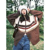 college outfits American Retro Twist Sweater Women's Autumn and Winter Lazy Style Loose Cardigan Striped Contrast Color Double Zipper Sweater Coat