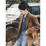 suit Retro Elegant Hong Kong Style Design Suit Collar Loose Corduroy Suit Jacket Women's Mid-Length 2024 Spring