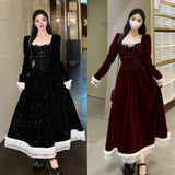 christmas outfit men Autumn and Winter plus Size Chubby Girl Retro Christmas Annual Meeting Sweet Velvet Lace Stitching Age-Reducing Long Short Slimming Dress