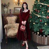 christmas outfit men Winter French Retro Square Collar High-Grade Hepburn Style Wine Red Velvet Dress Dress