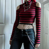 1980s fashion trends Contrast Color Striped off-the-Shoulder Slim-Fit Short Knitted Long-Sleeved T-shirt Top Spring New